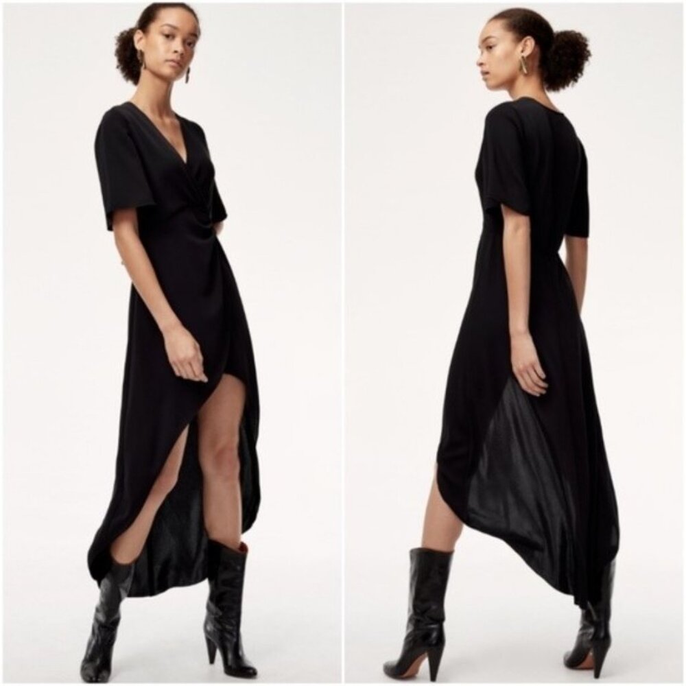 Aritzia Babaton Jedd High Low Keyhole Back Faux Wrap Black Dress